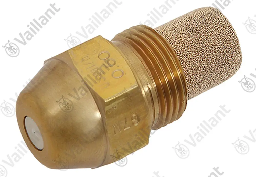 Vaillant Brennerdüse mit zylindrischer Form und feinem Sieb an der Oberseite, hergestellt aus Messing.